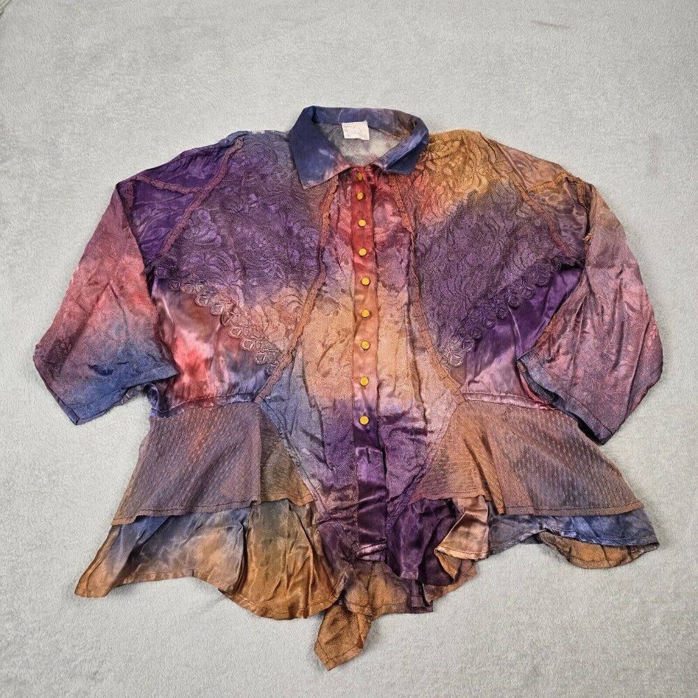 Nancy K Blouse Womens Large Tie Dye Bohemian Boho Chic Floral Gypsy Ruffle Lace